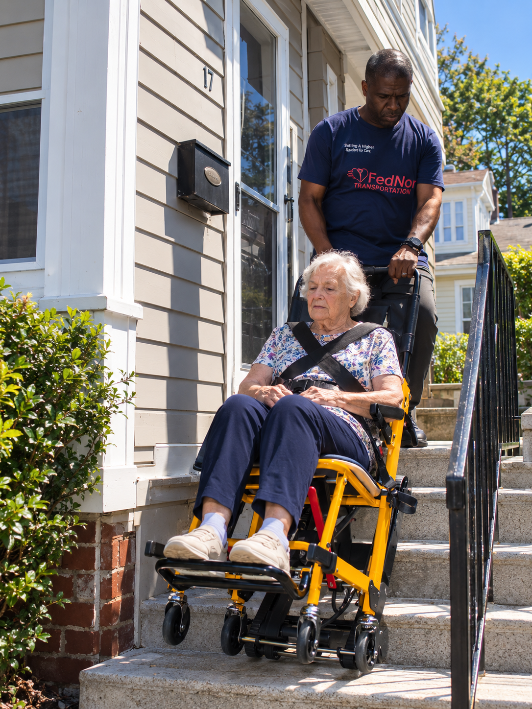 FedNor attendant guiding a passenger down front steps on a stair chair